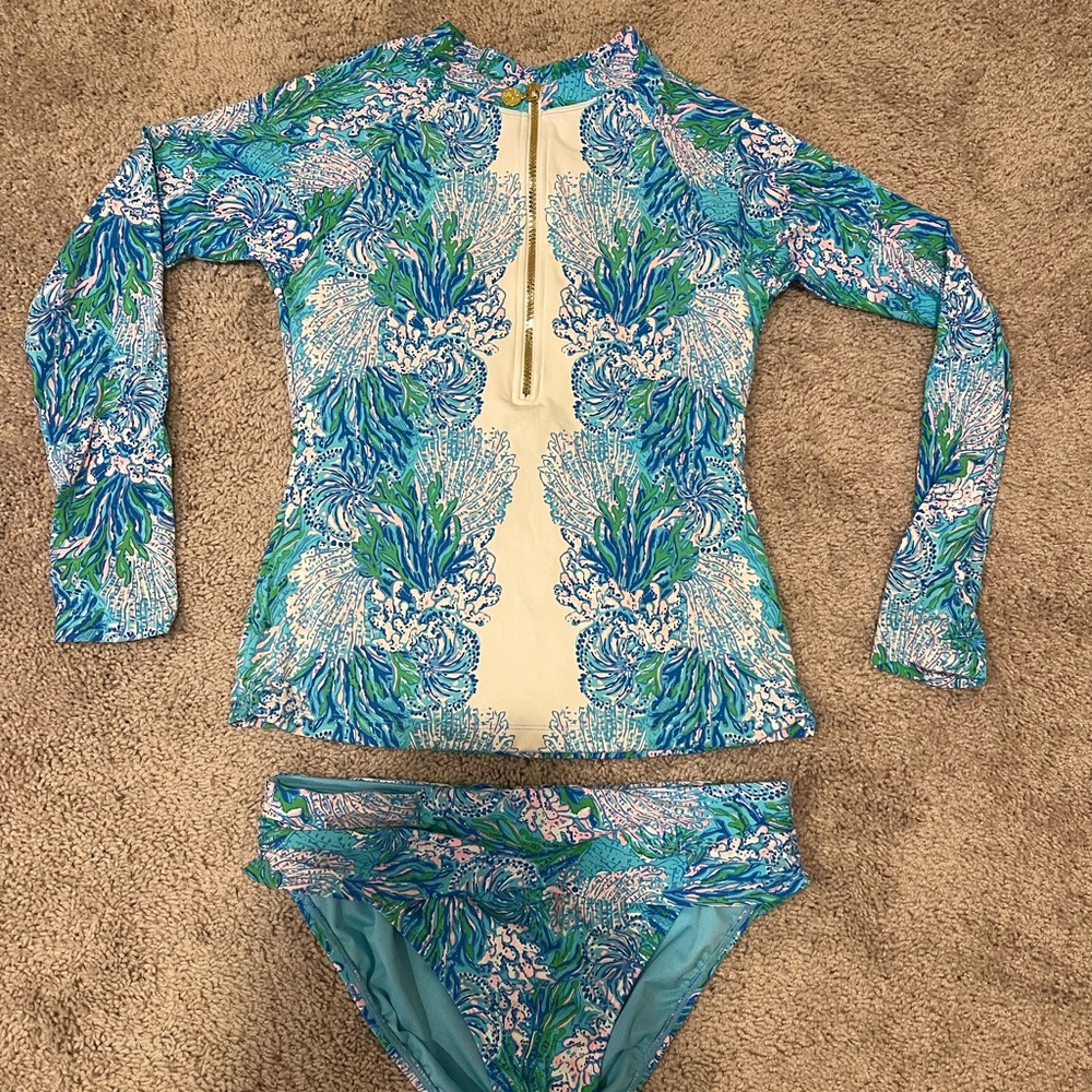 Lilly Pulitzer Blue and Green Rash Guard Bikini Set